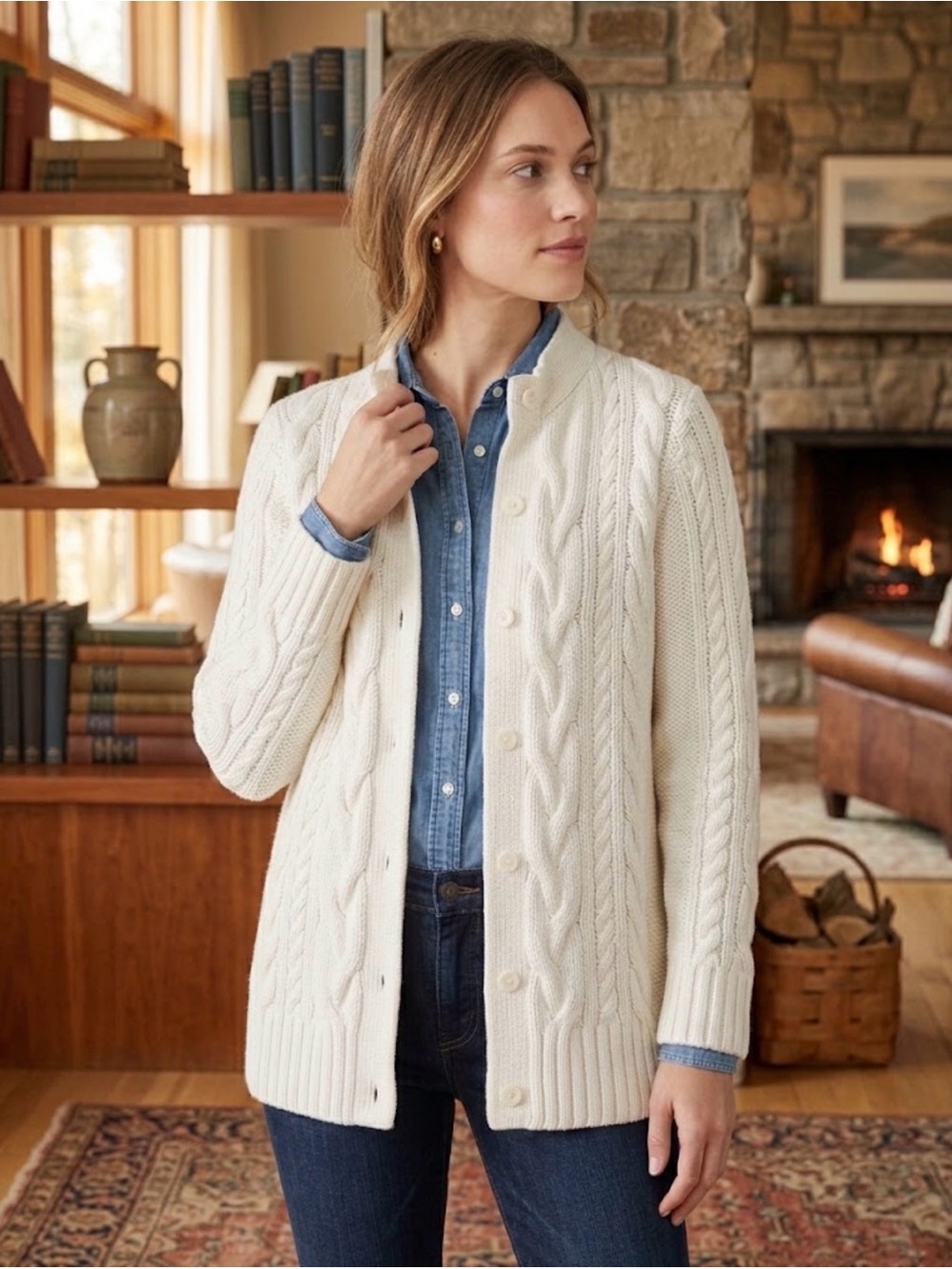LL Bean Cream Cable Knit Cardigan Sweater Medium White Fisherman Chunky Medium
